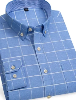 Sale OUKU Men's Dress Shirt Button Down Shirt Non Iron Shirt Oxford Shirt Stripes and Plaid Wedding Vacation Light Yellow Denim Blue White Yellow Long Sleeve Turndown All Seasons Clothing Apparel Button-Down
