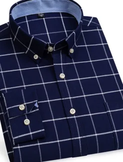 Sale OUKU Men's Dress Shirt Button Down Shirt Non Iron Shirt Oxford Shirt Stripes and Plaid Wedding Vacation Light Yellow Denim Blue White Yellow Long Sleeve Turndown All Seasons Clothing Apparel Button-Down