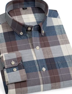 Sale OUKU Men's Dress Shirt Button Down Shirt Non Iron Shirt Oxford Shirt Stripes and Plaid Wedding Vacation Light Yellow Denim Blue White Yellow Long Sleeve Turndown All Seasons Clothing Apparel Button-Down