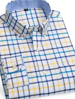 Sale OUKU Men's Dress Shirt Button Down Shirt Non Iron Shirt Oxford Shirt Stripes and Plaid Wedding Vacation Light Yellow Denim Blue White Yellow Long Sleeve Turndown All Seasons Clothing Apparel Button-Down