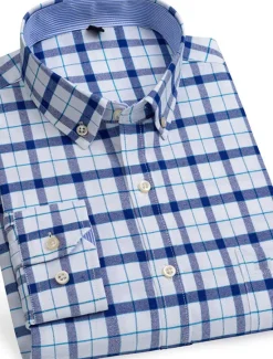 Sale OUKU Men's Dress Shirt Button Down Shirt Non Iron Shirt Oxford Shirt Stripes and Plaid Wedding Vacation Light Yellow Denim Blue White Yellow Long Sleeve Turndown All Seasons Clothing Apparel Button-Down