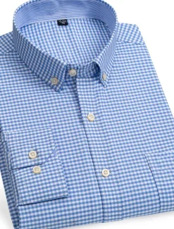 Sale OUKU Men's Dress Shirt Button Down Shirt Non Iron Shirt Oxford Shirt Stripes and Plaid Wedding Vacation Light Yellow Denim Blue White Yellow Long Sleeve Turndown All Seasons Clothing Apparel Button-Down