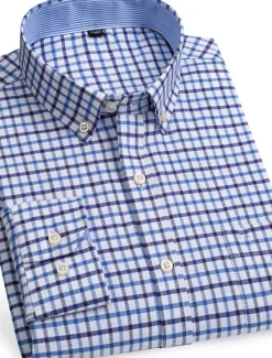 Sale OUKU Men's Dress Shirt Button Down Shirt Non Iron Shirt Oxford Shirt Stripes and Plaid Wedding Vacation Light Yellow Denim Blue White Yellow Long Sleeve Turndown All Seasons Clothing Apparel Button-Down