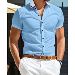 OUKU Men's Dress Shirt Button Down Shirt Plaid Wedding Outdoor Blue Sky Blue Short Sleeve Turndown Summer Spring Clothing Apparel
