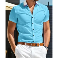 OUKU Men's Dress Shirt Button Down Shirt Plaid Wedding Outdoor Blue Sky Blue Short Sleeve Turndown Summer Spring Clothing Apparel
