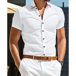 OUKU Men's Dress Shirt Button Down Shirt Plaid Wedding Outdoor Blue Sky Blue Short Sleeve Turndown Summer Spring Clothing Apparel