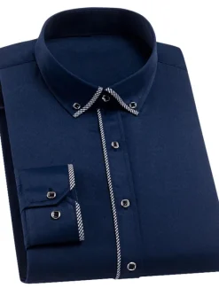 Clearance OUKU Men's Dress Shirt Button Down Shirt Color Block Office & Career Going out White Long Sleeve Button Down Collar Spring & Summer Clothing Apparel Navy Blue