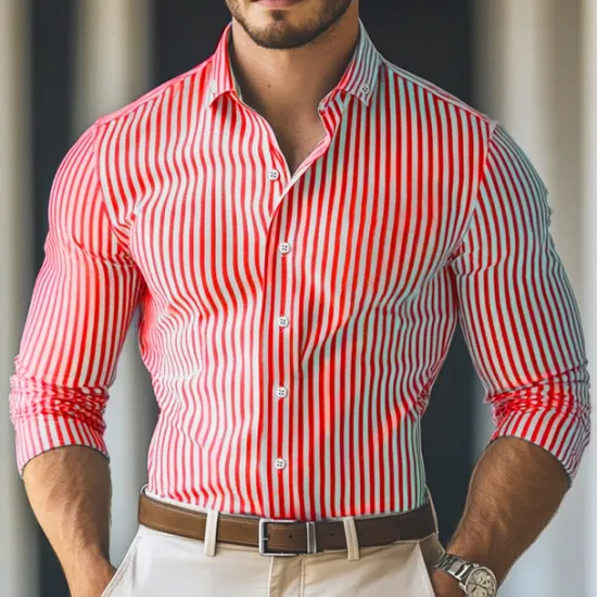 Outlet OUKU Men's Dress Shirt Button Down Shirt Striped Wedding Work Light Blue Black Red Blue Long Sleeve Collar Clothing Apparel