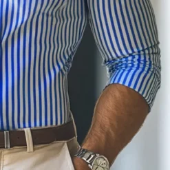 Outlet OUKU Men's Dress Shirt Button Down Shirt Striped Wedding Work Light Blue Black Red Blue Long Sleeve Collar Clothing Apparel