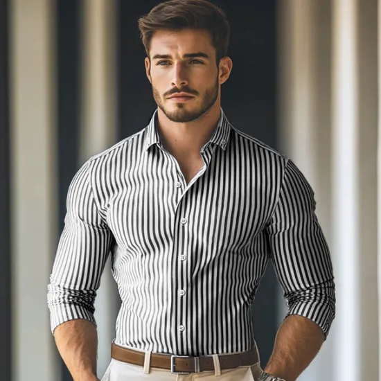 Outlet OUKU Men's Dress Shirt Button Down Shirt Striped Wedding Work Light Blue Black Red Blue Long Sleeve Collar Clothing Apparel