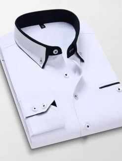 Sale OUKU Men's Dress Shirt Button Down Shirt Collared Shirt Non Iron Shirt Plain Wedding Work White Pink Navy Blue Royal Blue Long Sleeve Collar All Seasons Clothing Apparel