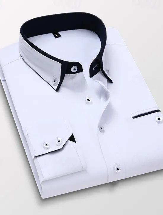 Sale OUKU Men's Dress Shirt Button Down Shirt Collared Shirt Non Iron Shirt Plain Wedding Work White Pink Navy Blue Royal Blue Long Sleeve Collar All Seasons Clothing Apparel
