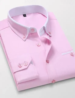 Sale OUKU Men's Dress Shirt Button Down Shirt Collared Shirt Non Iron Shirt Plain Wedding Work White Pink Navy Blue Royal Blue Long Sleeve Collar All Seasons Clothing Apparel