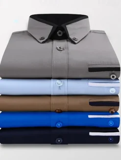 Sale OUKU Men's Dress Shirt Button Down Shirt Collared Shirt Non Iron Shirt Plain Wedding Work White Pink Navy Blue Royal Blue Long Sleeve Collar All Seasons Clothing Apparel