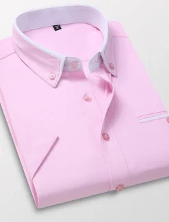 Hot OUKU Men's Dress Shirt Button Down Shirt Non Iron Shirt Collared Shirt Plain Wedding Work Light Pink White Red Khaki Short Sleeve Collar All Seasons Clothing Apparel