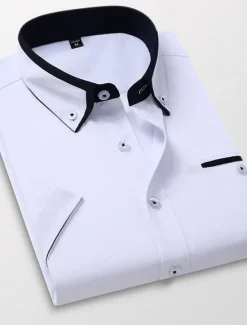 Hot OUKU Men's Dress Shirt Button Down Shirt Non Iron Shirt Collared Shirt Plain Wedding Work Light Pink White Red Khaki Short Sleeve Collar All Seasons Clothing Apparel