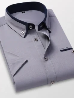 Hot OUKU Men's Dress Shirt Button Down Shirt Non Iron Shirt Collared Shirt Plain Wedding Work Light Pink White Red Khaki Short Sleeve Collar All Seasons Clothing Apparel