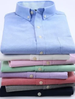Hot OUKU Men's Dress Shirt Button Down Shirt Non Iron Shirt Oxford Shirt Solid / Plain Color Wedding Office & Career Black White Yellow Dark Navy Short Sleeve Shirt Collar Spring & Summer Clothing Apparel