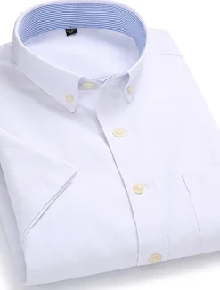 Hot OUKU Men's Dress Shirt Button Down Shirt Non Iron Shirt Oxford Shirt Solid / Plain Color Wedding Office & Career Black White Yellow Dark Navy Short Sleeve Shirt Collar Spring & Summer Clothing Apparel