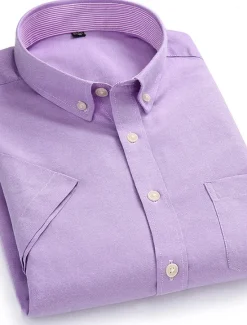 Hot OUKU Men's Dress Shirt Button Down Shirt Non Iron Shirt Oxford Shirt Solid / Plain Color Wedding Office & Career Black White Yellow Dark Navy Short Sleeve Shirt Collar Spring & Summer Clothing Apparel