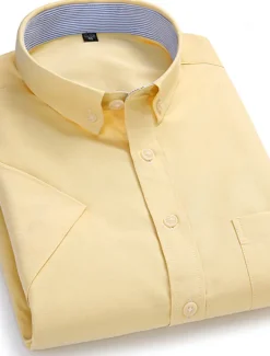 Hot OUKU Men's Dress Shirt Button Down Shirt Non Iron Shirt Oxford Shirt Solid / Plain Color Wedding Office & Career Black White Yellow Dark Navy Short Sleeve Shirt Collar Spring & Summer Clothing Apparel