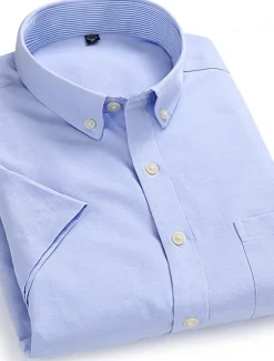 Hot OUKU Men's Dress Shirt Button Down Shirt Non Iron Shirt Oxford Shirt Solid / Plain Color Wedding Office & Career Black White Yellow Dark Navy Short Sleeve Shirt Collar Spring & Summer Clothing Apparel
