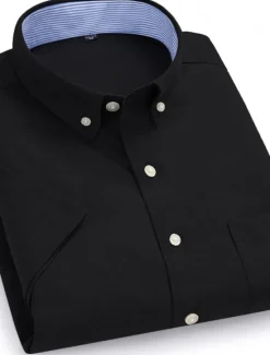 Hot OUKU Men's Dress Shirt Button Down Shirt Non Iron Shirt Oxford Shirt Solid / Plain Color Wedding Office & Career Black White Yellow Dark Navy Short Sleeve Shirt Collar Spring & Summer Clothing Apparel