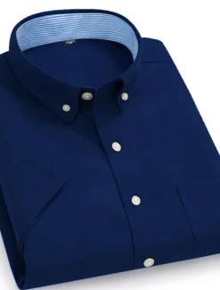 Hot OUKU Men's Dress Shirt Button Down Shirt Non Iron Shirt Oxford Shirt Solid / Plain Color Wedding Office & Career Black White Yellow Dark Navy Short Sleeve Shirt Collar Spring & Summer Clothing Apparel