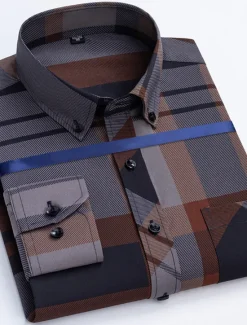 Sale OUKU Men's Dress Shirt Button Down Shirt Non Iron Shirt Collared Shirt Stretch Tartan Wedding Work Wine Black / Gray Black White Long Sleeve Square Neck All Seasons Clothing Apparel