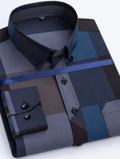 Sale OUKU Men's Dress Shirt Button Down Shirt Non Iron Shirt Collared Shirt Stretch Tartan Wedding Work Wine Black / Gray Black White Long Sleeve Square Neck All Seasons Clothing Apparel