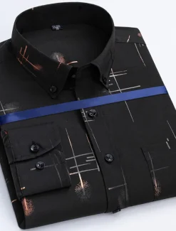 Sale OUKU Men's Dress Shirt Button Down Shirt Non Iron Shirt Collared Shirt Stretch Tartan Wedding Work Wine Black / Gray Black White Long Sleeve Square Neck All Seasons Clothing Apparel