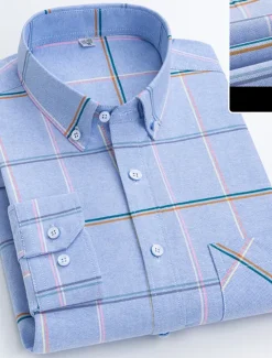 Best OUKU Men's Dress Shirt Button Down Shirt Oxford Shirt Plaid Wedding Office / Career Light Pink Light Blue White Yellow Long Sleeve Button Down Collar Spring & Fall Clothing Apparel Front Pocket