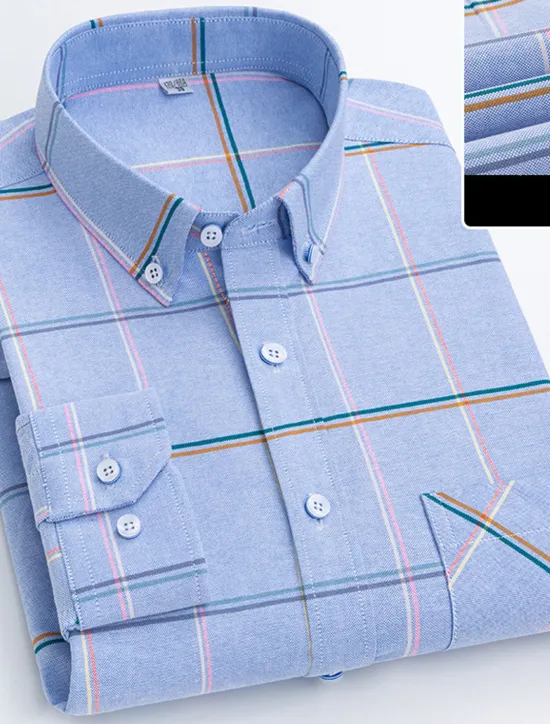 Best OUKU Men's Dress Shirt Button Down Shirt Oxford Shirt Plaid Wedding Office / Career Light Pink Light Blue White Yellow Long Sleeve Button Down Collar Spring & Fall Clothing Apparel Front Pocket