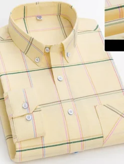 Best OUKU Men's Dress Shirt Button Down Shirt Oxford Shirt Plaid Wedding Office / Career Light Pink Light Blue White Yellow Long Sleeve Button Down Collar Spring & Fall Clothing Apparel Front Pocket