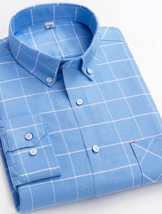 Best OUKU Men's Dress Shirt Button Down Shirt Oxford Shirt Plaid Wedding Office / Career Light Pink Light Blue White Yellow Long Sleeve Button Down Collar Spring & Fall Clothing Apparel Front Pocket