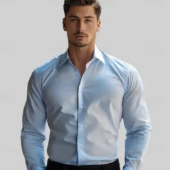 Online OUKU Men's Dress Shirt Button Up Shirt Solid Color School Formal Long Sleeve Turndown All Seasons Clothing Apparel Light Blue