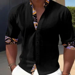 Sale OUKU Men's Dress Shirt Button Up Shirt Vacation Daily Black Ink Blue Brown Long Sleeve Band Collar Summer Spring & Fall Clothing Apparel 3D Print