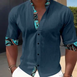 Sale OUKU Men's Dress Shirt Button Up Shirt Vacation Daily Black Ink Blue Brown Long Sleeve Band Collar Summer Spring & Fall Clothing Apparel 3D Print