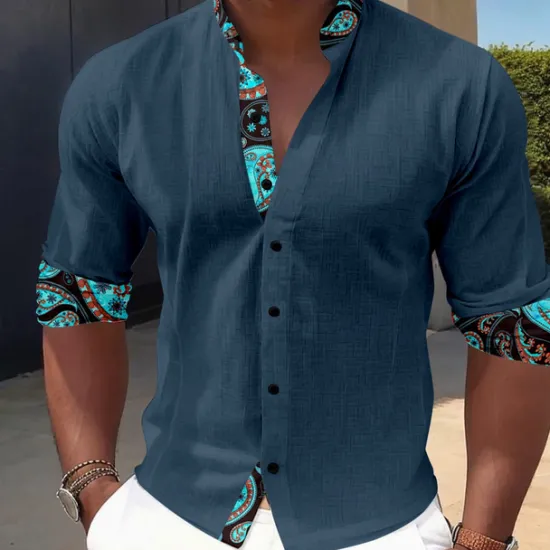 Sale OUKU Men's Dress Shirt Button Up Shirt Vacation Daily Black Ink Blue Brown Long Sleeve Band Collar Summer Spring & Fall Clothing Apparel 3D Print