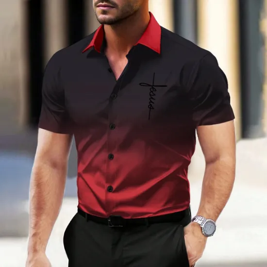 Online OUKU Men's Dress Shirt Button Up Shirt Printed Shirts Outdoor Vacation Red Blue Ink Blue Purple Short Sleeve Turndown Summer Clothing Apparel Button Up
