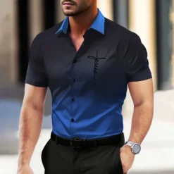 Online OUKU Men's Dress Shirt Button Up Shirt Printed Shirts Outdoor Vacation Red Blue Ink Blue Purple Short Sleeve Turndown Summer Clothing Apparel Button Up