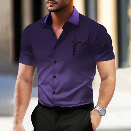 Online OUKU Men's Dress Shirt Button Up Shirt Printed Shirts Outdoor Vacation Red Blue Ink Blue Purple Short Sleeve Turndown Summer Clothing Apparel Button Up