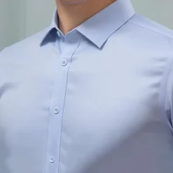 Online OUKU Men's Dress Shirt Button Up Shirt Solid Color School Formal Blue Light Sky Blue Light Blue- Long Sleeve Turndown All Seasons Clothing Apparel White
