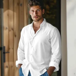 Outlet OUKU Men's Dress Shirt Button Up Shirt Long Sleeve Solid Color Turndown Spring & Fall Wedding Party Clothing Apparel Button White