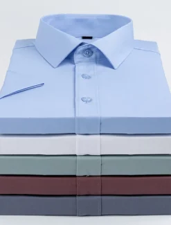 Sale OUKU Men's Dress Shirt Button Up Shirt Plain Wedding Vacation Black White Light Green Wine Short Sleeves Turndown Summer Clothing Apparel