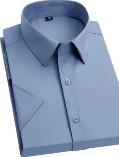 Sale OUKU Men's Dress Shirt Button Up Shirt Plain Wedding Vacation Black White Light Green Wine Short Sleeves Turndown Summer Clothing Apparel