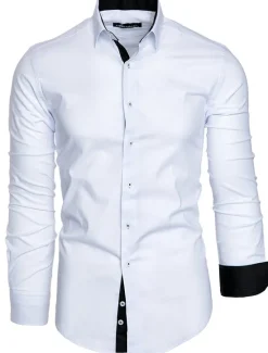 Discount OUKU Men's Dress Shirt Collared Shirt Button Up Shirt Plain Wedding Valentine's Day Black White Red Navy Blue Long Sleeve Collar Summer Spring Clothing Apparel Patchwork