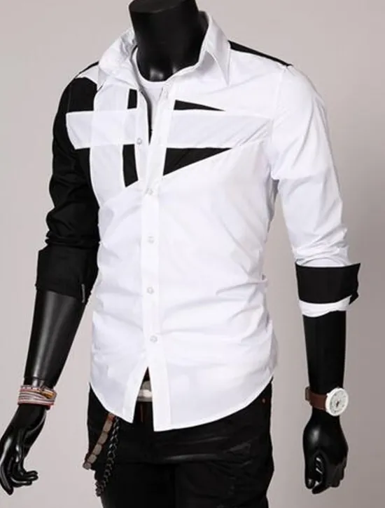 Hot OUKU Men's Dress Shirt Collared Shirt Button Up Shirt Color Block Wedding Daily Black White Red Gray Long Sleeve Classic Collar All Seasons Clothing Apparel