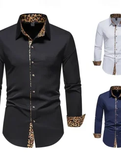 Sale OUKU Men's Dress Shirt Collared Shirt Button Up Shirt Leopard Wedding Daily White Navy Blue Long Sleeve All Seasons Clothing Apparel Black