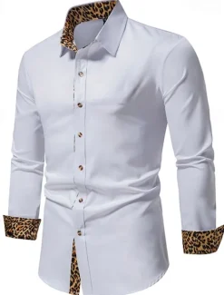 Sale OUKU Men's Dress Shirt Collared Shirt Button Up Shirt Leopard Wedding Daily White Navy Blue Long Sleeve All Seasons Clothing Apparel Black